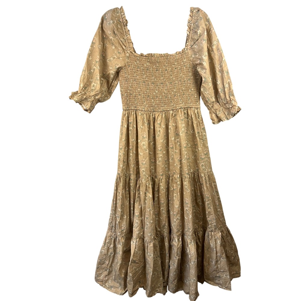 Neuflora Cotton Floral Smocked Tiered Midi Dress L Cottagecore Prairie Milkmaid
